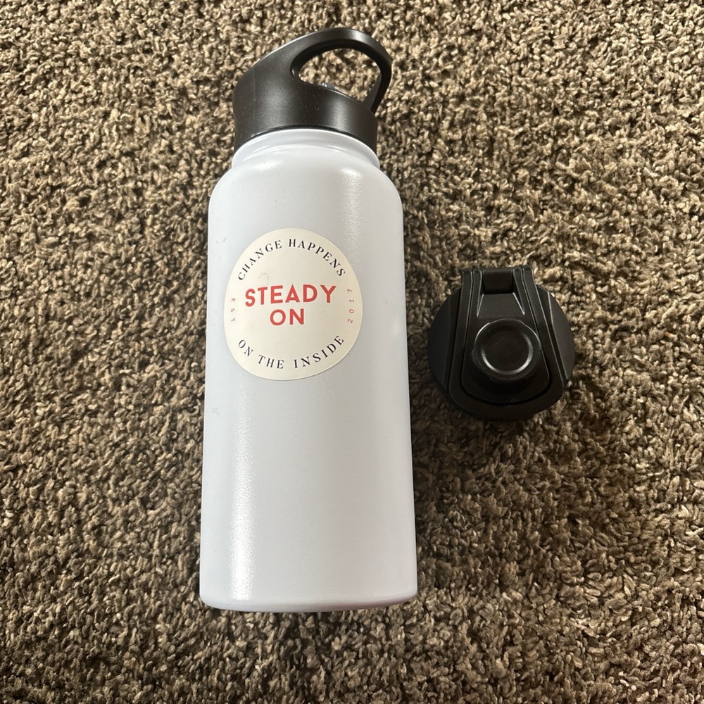Steady On White Water Bottle with Black Lid
